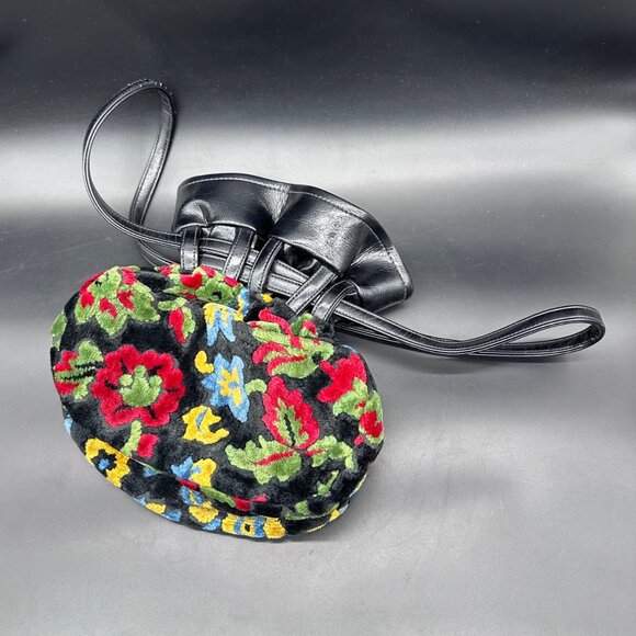 Handbags - Vintage Purse Velveteen Floral Tapestry Bucket Bag Drawstring 1940s Black Red